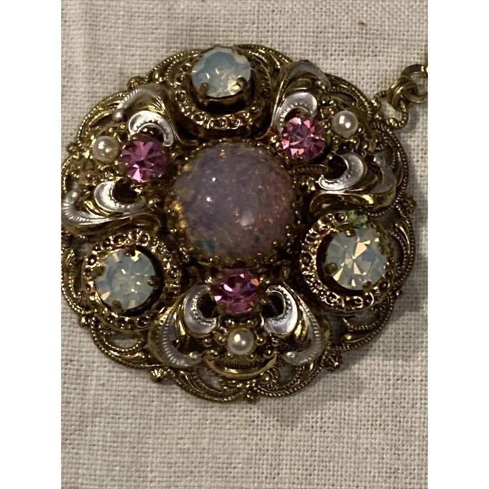 Vintage West Germany Glassfoiled Opal Necklace Moonstone‎ Rhinestones Filigree